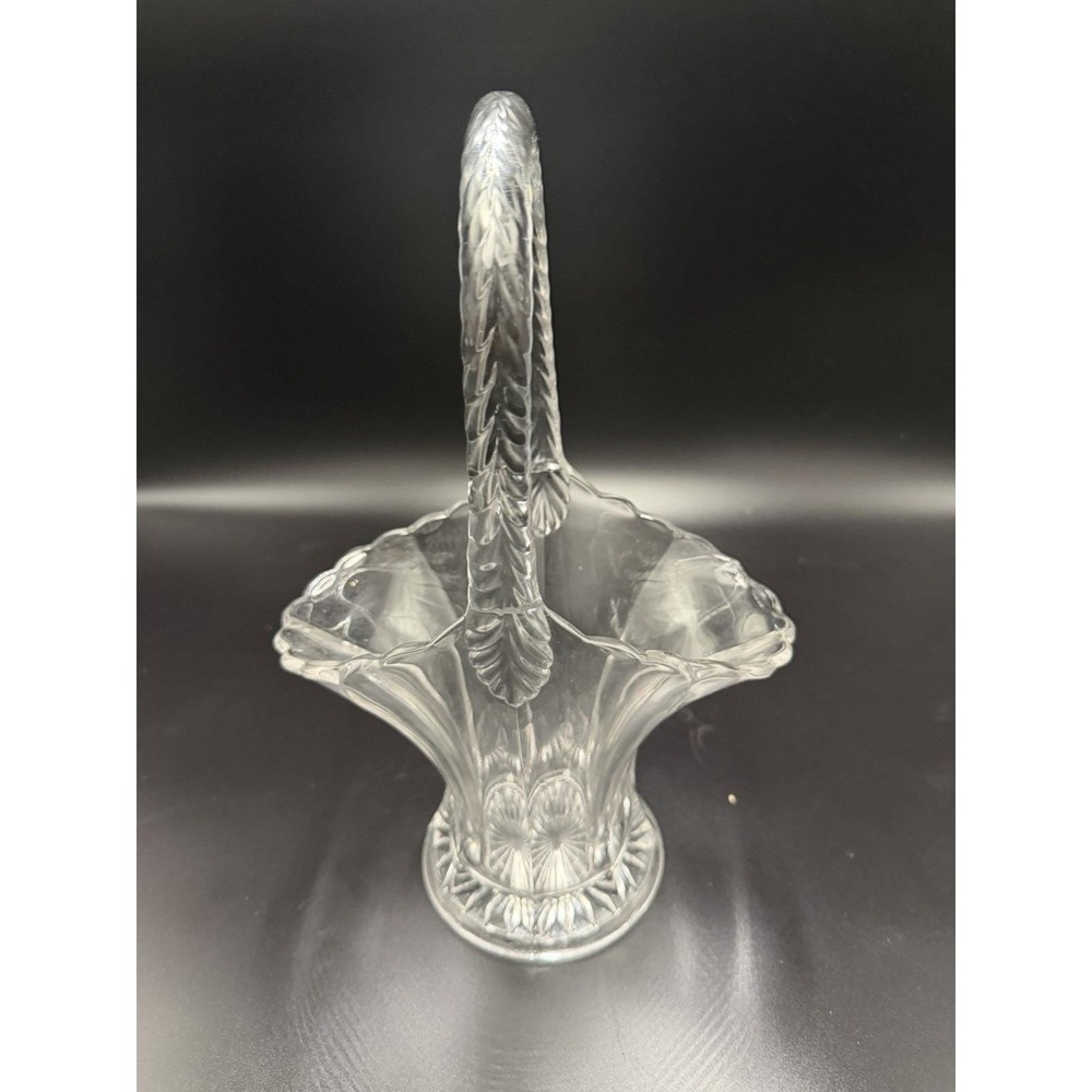 Vintage Clear Glass Basket Vase Scalloped Rim Decorative Handle Bowl